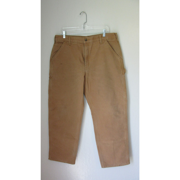 CARTHARTT Men's Brown Flannel Lined Dungaree Fit 35x30 Cotton Canvas Pants - Picture 1 of 5